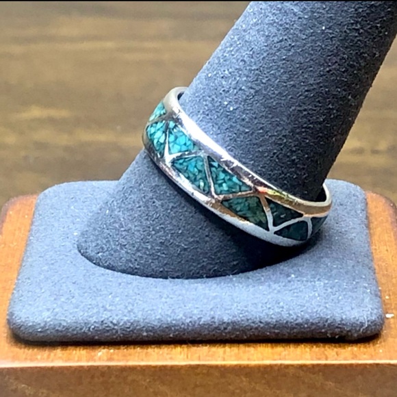 Crushed Turquoise Mosaic Inlay Sterling Silver Southwestern Ring Size 11 - Picture 4 of 17
